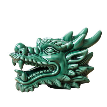 Green ceramic Balinese dragon head statue isolated on transparent background