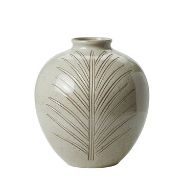 Ceramic beige vase with etched palm leaf pattern botanical home decor isolated on transparent background