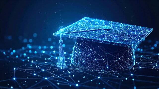 Digital graduation cap with network connections on a dark blue background