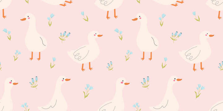 Goose seamless pattern featuring white birds with orange beaks and small blue flowers on a pastel pink background for textile printing wrapping paper and nursery wallpaper decor