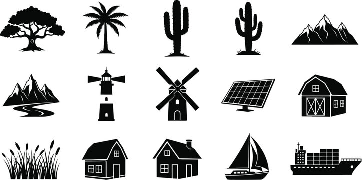 Black and white nature and energy icons set Vector