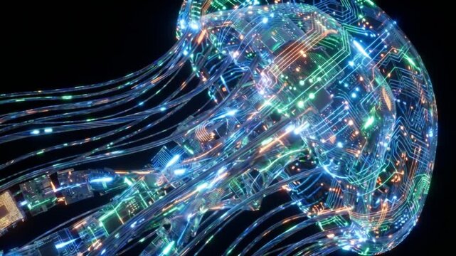 暗闇で起動し下部へと光がスキャンする電子回路で構成されたクラゲのループアニメーション