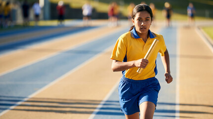 Obraz premium Young student holding a relay baton on a sunny athletic track, representing teamwork, youth physical education, and future success