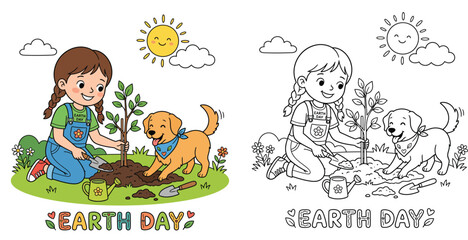 Fototapeta premium Earth Day Illustration Set with Cute Girl and Dog Planting a Tree, Coloring Page and Vector Design for Kids Educational Activity