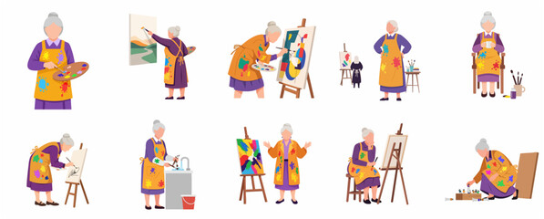 Fototapeta premium Senior woman artist character set engaged in various painting activities and creative process in flat vector illustration style.