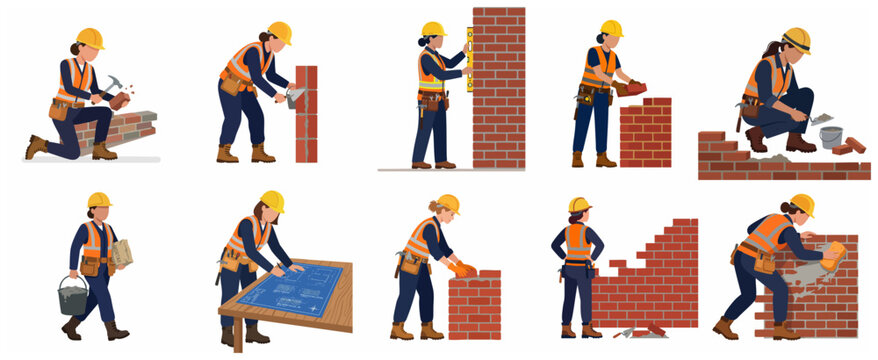 Set of female bricklayer character flat vector illustrations. Professional women masons working on construction site building brick walls, checking blueprints, and wearing safety gear.