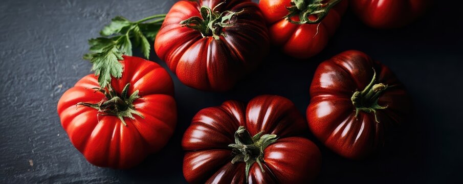 Ultra wide macro shot of ripe tomatoes in a dense repeating pattern. Soft lighting accentuates natural imperfections and vibrant color gradients for modern food styling.