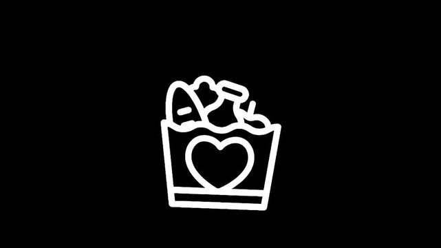 White line art icon of a grocery bag filled with food and a heart symbol on a black background