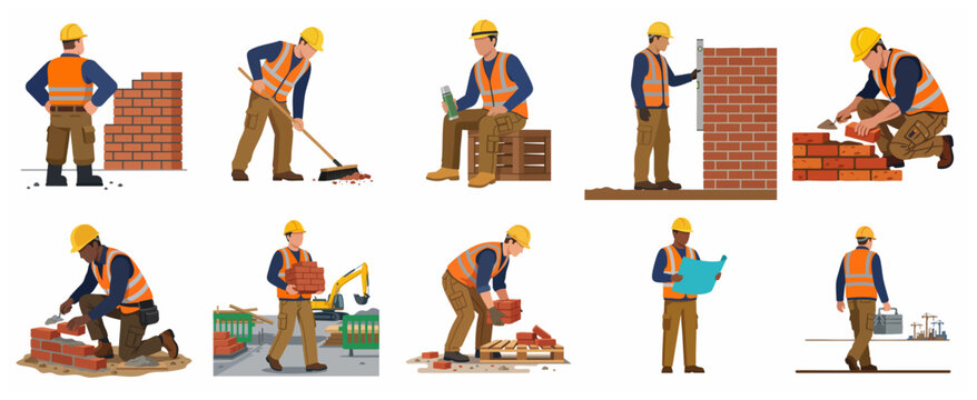 Set of Construction Worker Characters Performing Various On-Site Tasks and Masonry Work