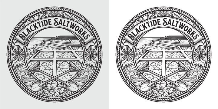 Detailed Badge Design for Blacktide Saltworks with Salt Panning Tools