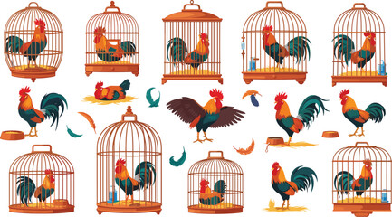 Colorful Rooster and Hen in Wooden Birdcage Flat Vector Illustration Set with Feathers and Farm Elements © Ratna