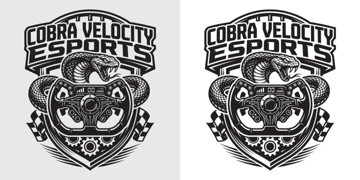 Cobra Velocity Esports Logo with Racing Steering Wheel and Flags
