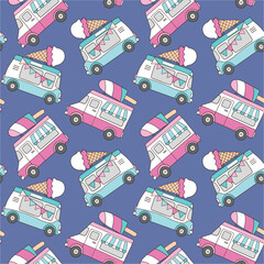 Fototapeta premium Seamless vector pattern with cute ice cream truck and ice cream on blue background. Hand drawn summer vacation illustration. Perfect for textile, wallpaper or nursery print design.