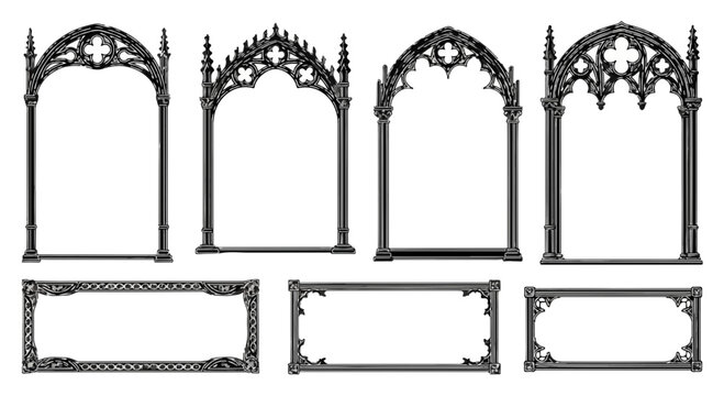 Gothic Cathedral Arched and Rectangular Frames Arranged in White Sketch on Black Background