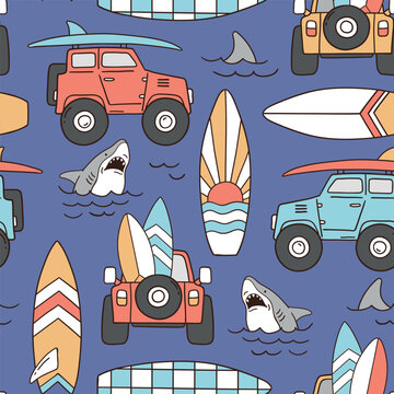 Seamless vector pattern with surfboard, pal tress, car and shark. Hand drawn surf lifestyle illustration. Summer beach vacation. Perfect for textile, wallpaper or nursery print design.