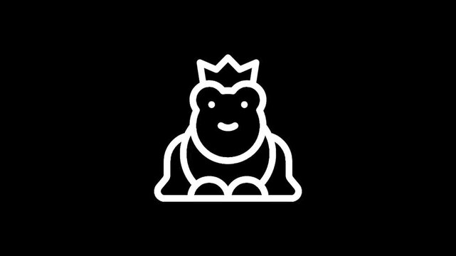 Stylized white line art of a frog wearing a crown on a black background