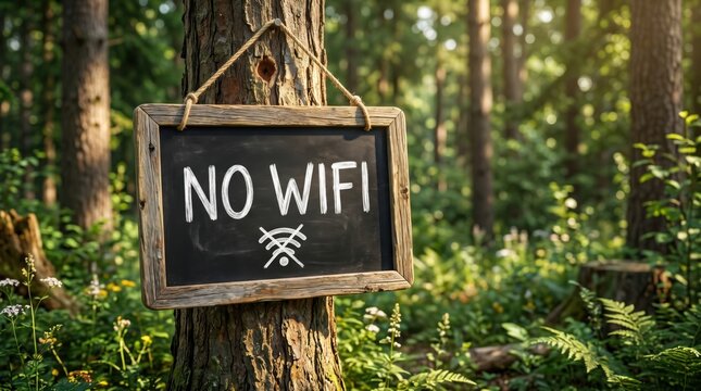"No WiFi" sign hanging on a tree in a forest, symbolizing digital detox, offline lifestyle, nature escape, wilderness retreat, technology break and outdoor relaxation