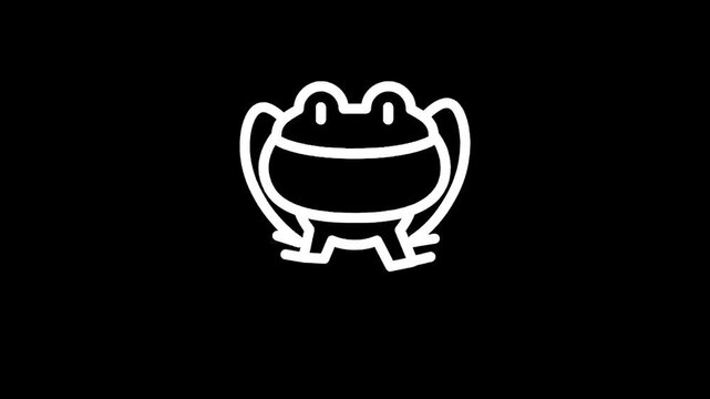 Simple white frog icon on a black background, minimalist design