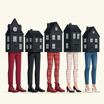 Illustration of people wearing different pants and house cutouts on their heads standing in a row.