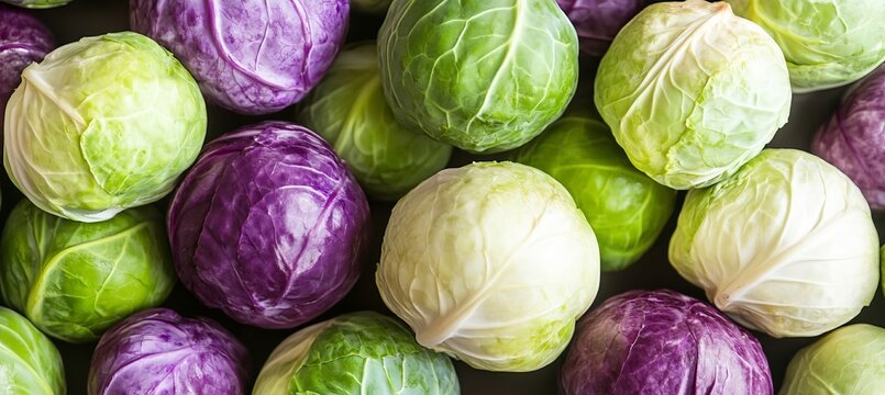 Close Packed Whole Green And Purple Cabbage Heads Arranged To Create Vibrant And Healthy Vegetable