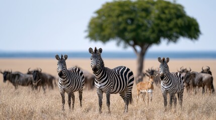 Fototapeta premium Zebra standing in open grassland with a wildlife herd in the background, African safari, nature conservation, iconic animal portrait.