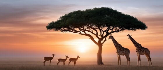 Fototapeta premium African wildlife gathering beneath an acacia tree at sunset, safari landscape, nature conservation, peaceful wilderness, iconic ecosystem.