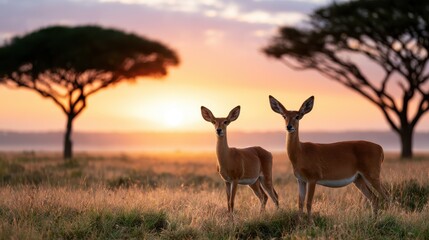 Obraz premium African wildlife gathering beneath an acacia tree at sunset, safari landscape, nature conservation, peaceful wilderness, iconic ecosystem.