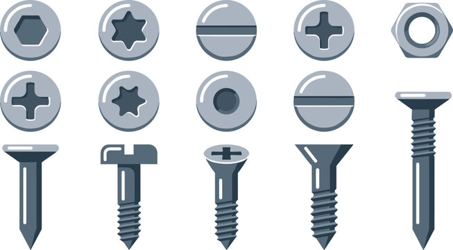 Metal screw bolt and nut vector illustration set featuring various fasteners including phillips slotted star flat and hex head types