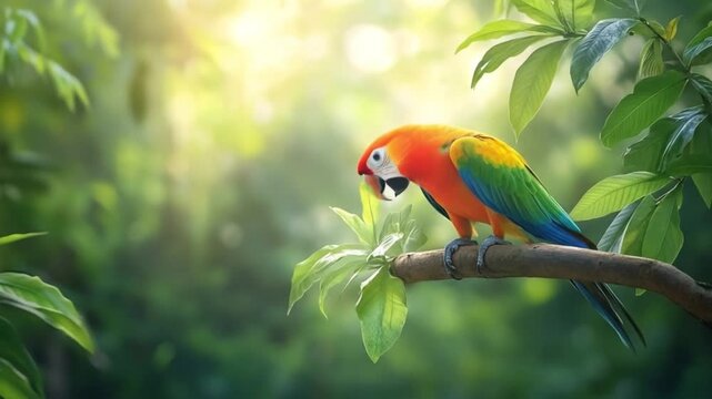 A vibrant macaw perched on a branch in a lush green rainforest, bathed in warm sunlight
