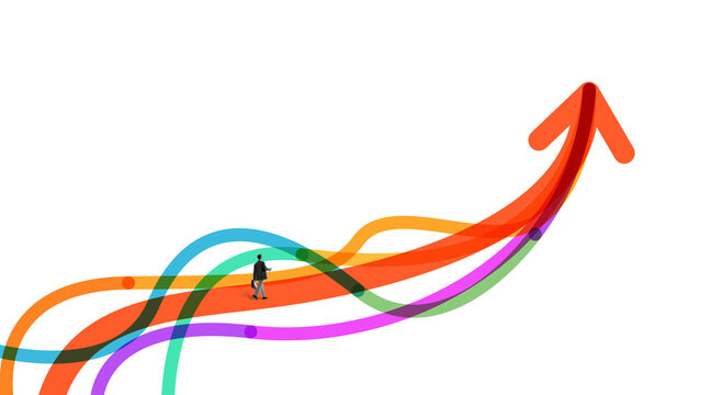 Businessman walking on rising orange arrow among colorful business paths. Concept of career growth, strategic direction, business progress, opportunity search, and confident professional advancement.