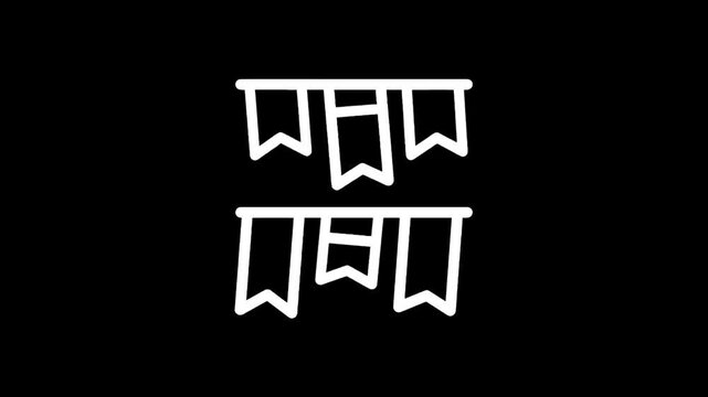 Simple white line art icons of two rows of bunting flags on a black background