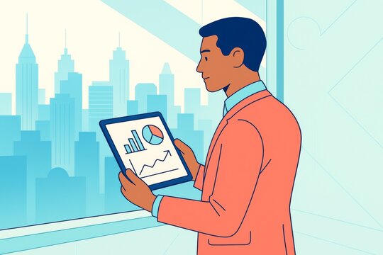 Businessman analyzing data on digital tablet in office with cityscape background, using creative light style for modern business concept. Ai generative