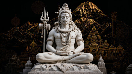 Obraz premium Lord Shiva White Marble Sculpture with Mount Kailash Background