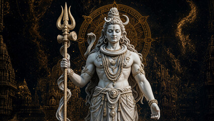 Obraz premium Lord Shiva White Marble Sculpture on Black Background with Mount Kailash