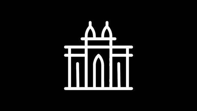 Minimalist white line art icon of a grand building with twin towers and arched entrance