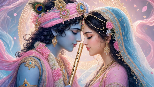 Radha Krishna Watercolor Portrait &ndash; Divine Love and Devotion