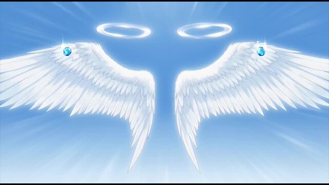 Ethereal white angel wings spread wide against a bright blue sky creating a serene and uplifting spiritual symbol.
