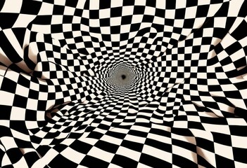 Naklejka premium Distorted black and white checkered pattern tunnel background