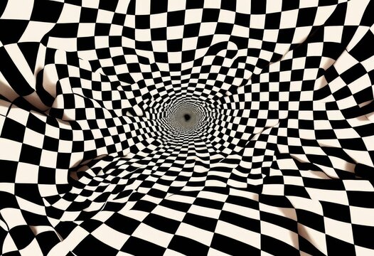 Distorted black and white checkered pattern tunnel background