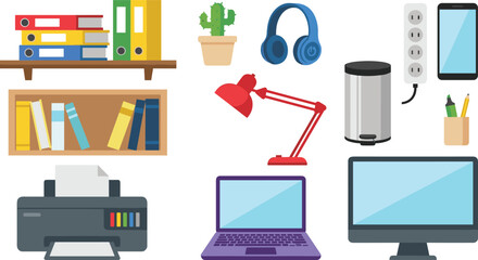 Modern office equipment and workspace vector illustration set featuring laptop computer printer desk lamp bookshelves headphones and electronic gadgets © MeheDi