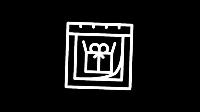 Hand drawn icon of a gift box inside an open calendar page on a black background
