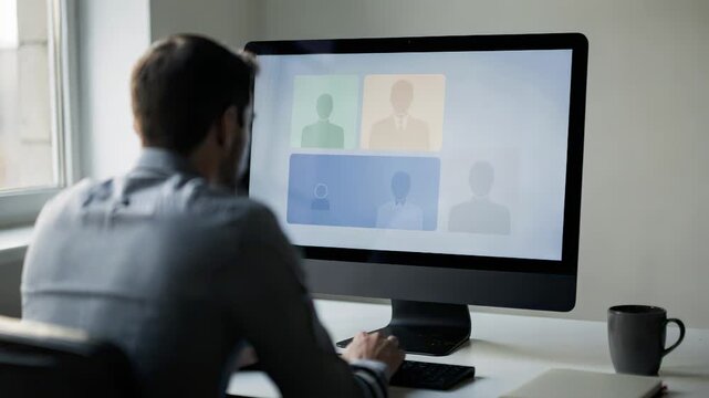 Medium shot of real estate broker recommendation interface on monitor AIsuggested intermediaries in sharp focus with blurred user at desk.