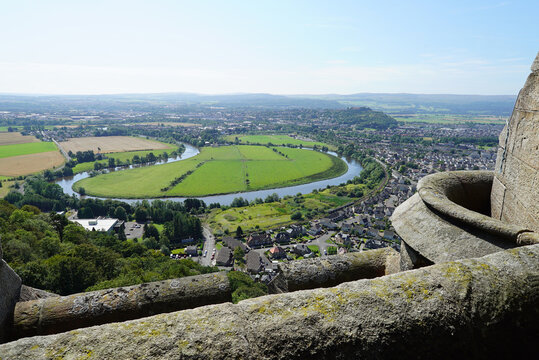 View over the town of Stirling and the River Forth from the monument to William Wallace, Stirling, Scotland.