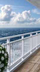 Fototapeta premium Luxury cruise ship deck railing overlooking open sea, vacation lifestyle, maritime travel, relaxation concept, premium tourism.