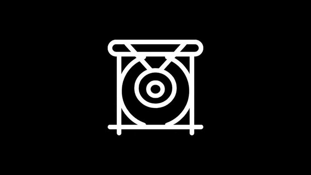 Minimalist white line art icon of a gong on a black background