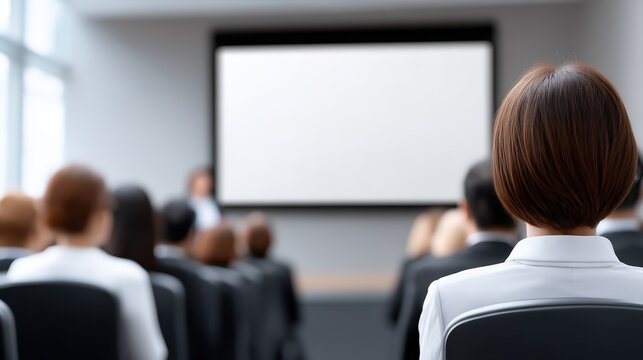 Business conference audience attending a seminar with a blank screen projector