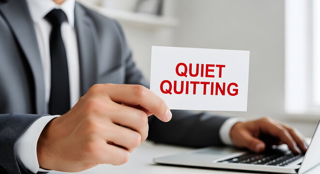 Man in suit holding card with red text quiet quitting near laptop white shirt