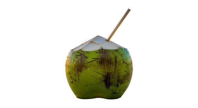 Fresh young green coconut with a straw isolated on transparent background
