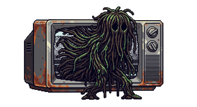 Creepy creature emerging from old television screen.