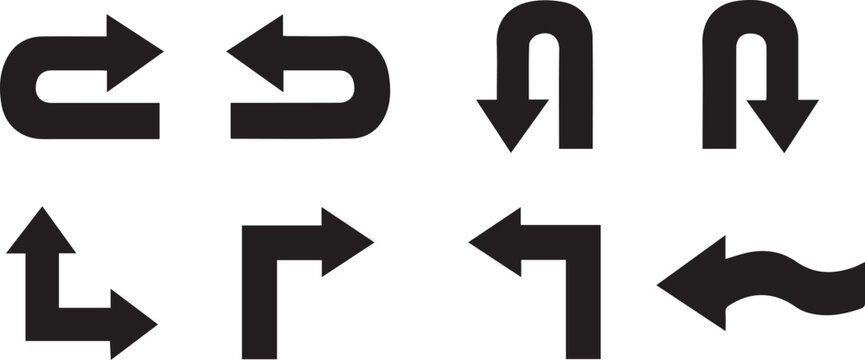 Six bold black arrow symbols illustrating directional movement including upward u-turn and sides. arrow sign and symbol, road navigation, 